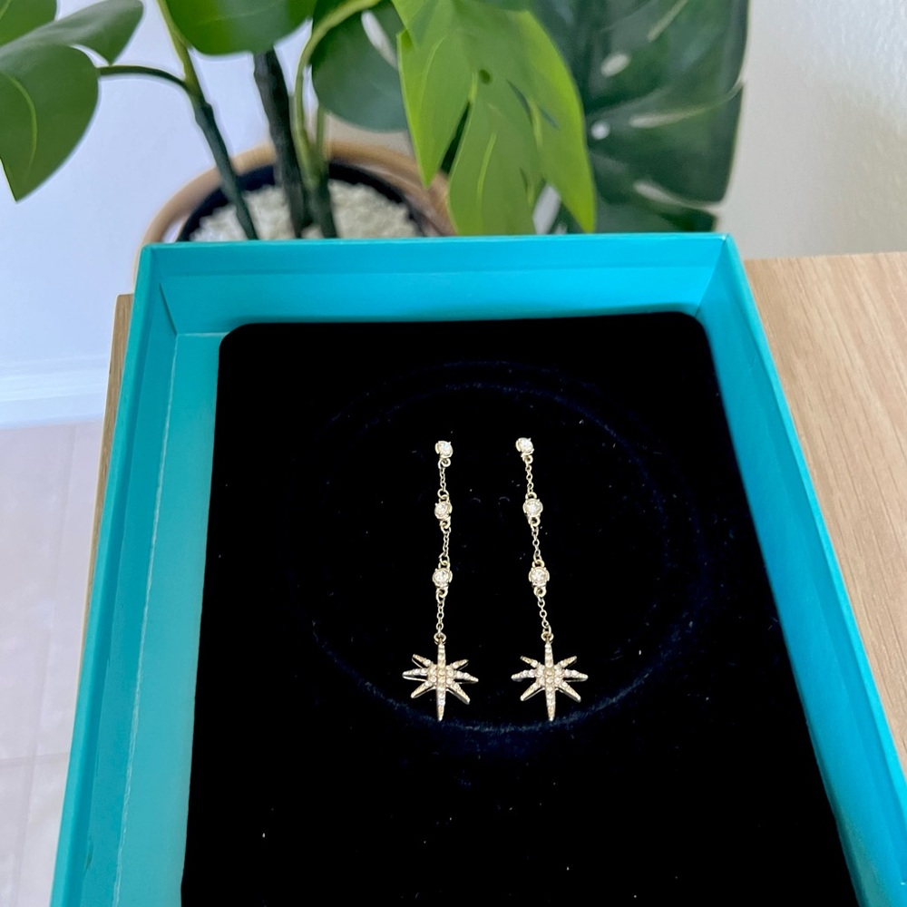 Gold Starburst Crystal Drop Earrings Bling Shiny for Festive Party Wedding